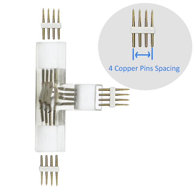 T shape Bends branches 1 to 2 High Voltage 4-pin RGB led strip lights Bifurcation fast connectors With 3 Copper 4-Pins